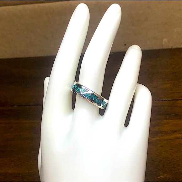 M Sterling Silver Crushed Turquoise Mosaic Inlay Southwestern Ring Sz 11 - Picture 6 of 17
